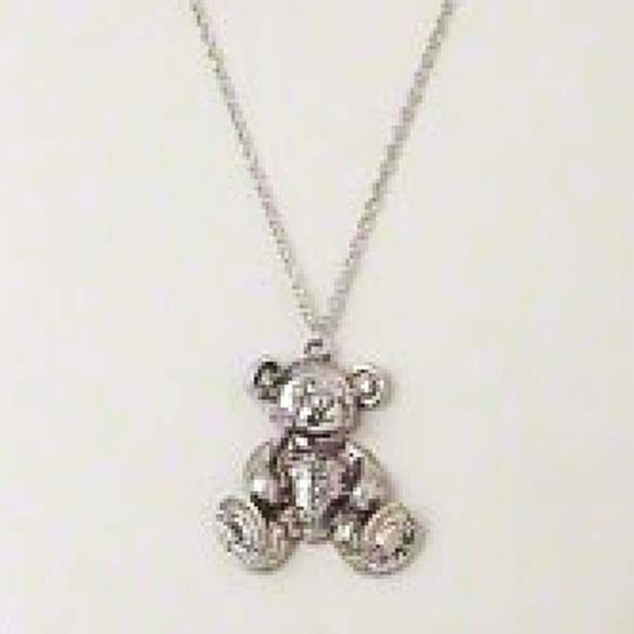 TEDDY BEAR ANTIQUED SILVER-FINISHED PEWTER-LOOK NECKLACE, WITH GLASS RHINESTONES - Picture 1 of 1